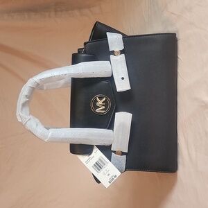NWT Michael Kors Carmen Black Medium Flap Leather Satchel